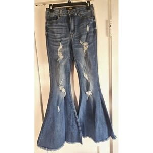 LUCKY & BLESSED L&B womens 4 high rise flare woman distressed raw hem jeans
